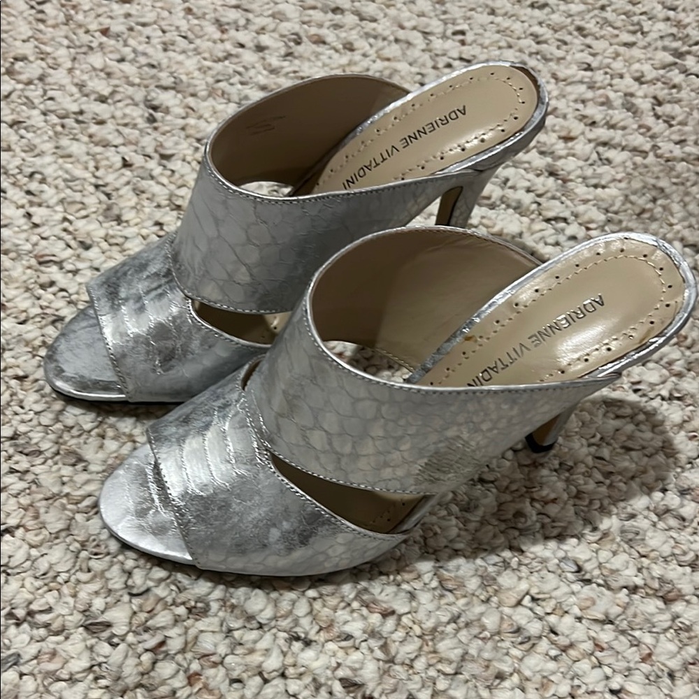 Adrienne Vittadini Silver Snakeskin Mules Heels